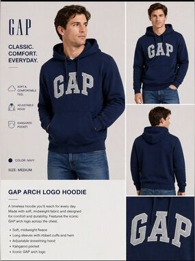 GAP Navy Logo Hoodie Men’s Medium Pullover Sweatshirt NWT